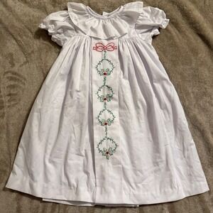 The Proper Peony Girls White Christmas Holly Embroidered Dress 4T Holiday Bow